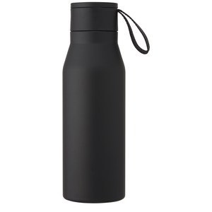 PF Concept 100668 - Ljungan 500 ml copper vacuum insulated stainless steel bottle with PU leather strap and lid Solid Black
