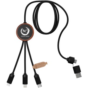 SCX.design 2PX071 - SCX.design C37 5-in-1 rPET light-up logo charging cable with round wooden casing Wood